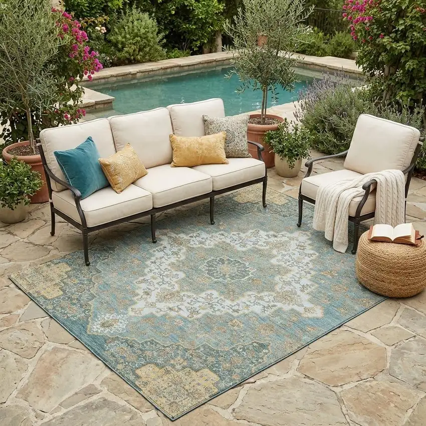 Teal Blue And Sky Blue Medallion Washable Indoor Outdoor Area Rug Photo 1