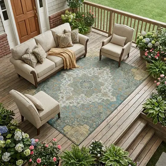 Teal Blue And Sky Blue Medallion Washable Indoor Outdoor Area Rug Photo 1