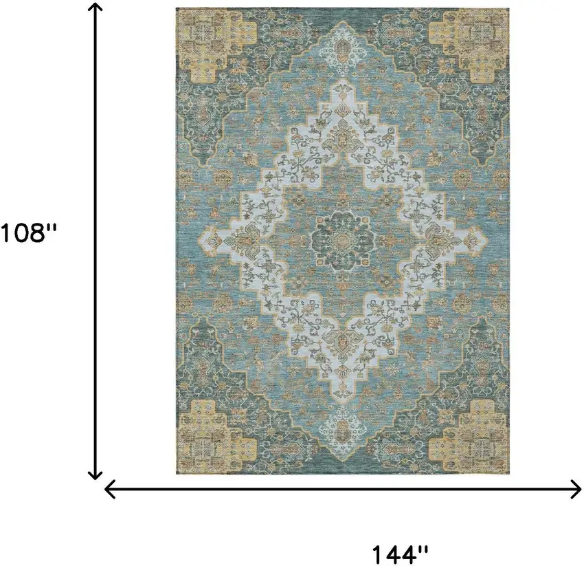 Teal Blue And Sky Blue Medallion Washable Indoor Outdoor Area Rug Photo 7