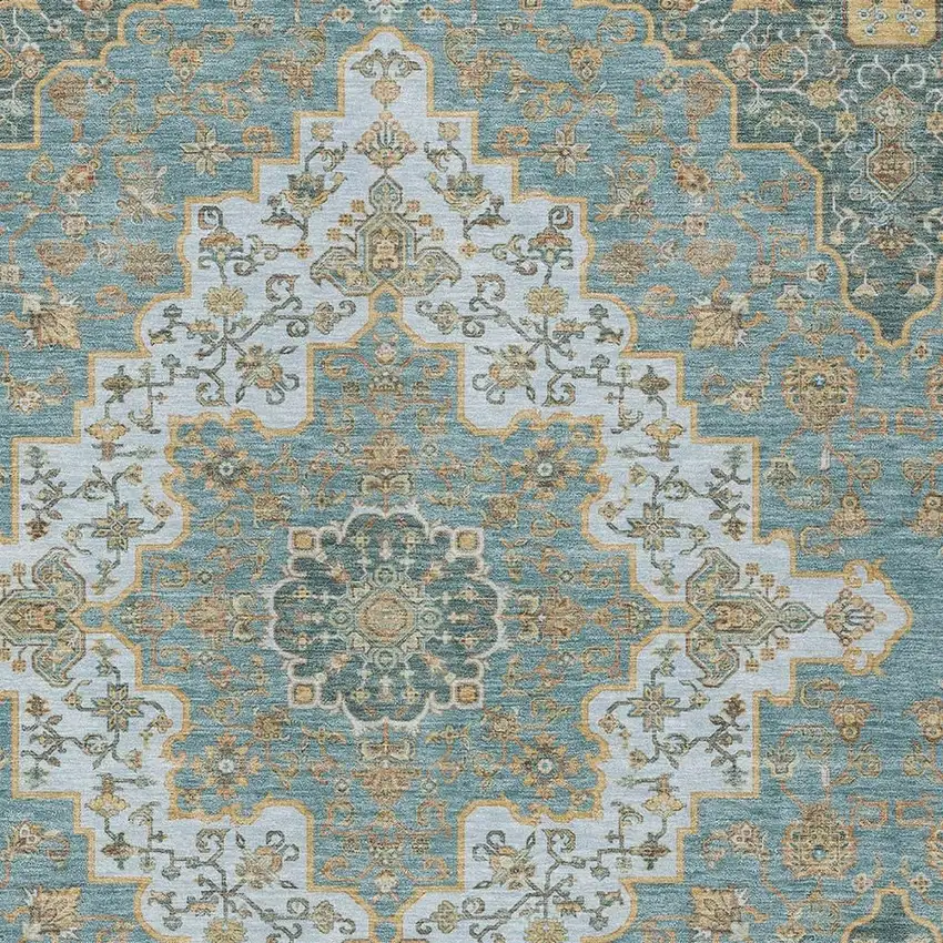 Teal Blue And Sky Blue Medallion Washable Indoor Outdoor Area Rug Photo 3