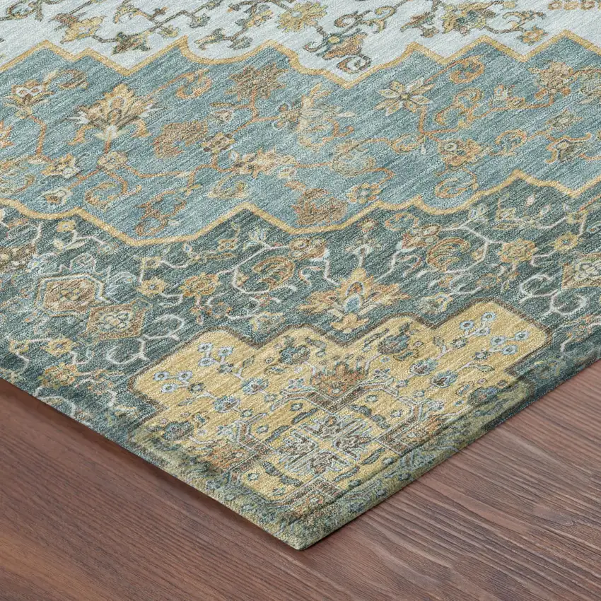 Teal Blue And Sky Blue Medallion Washable Indoor Outdoor Area Rug Photo 5