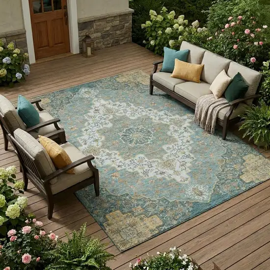 Teal Blue And Sky Blue Medallion Washable Indoor Outdoor Area Rug Photo 1