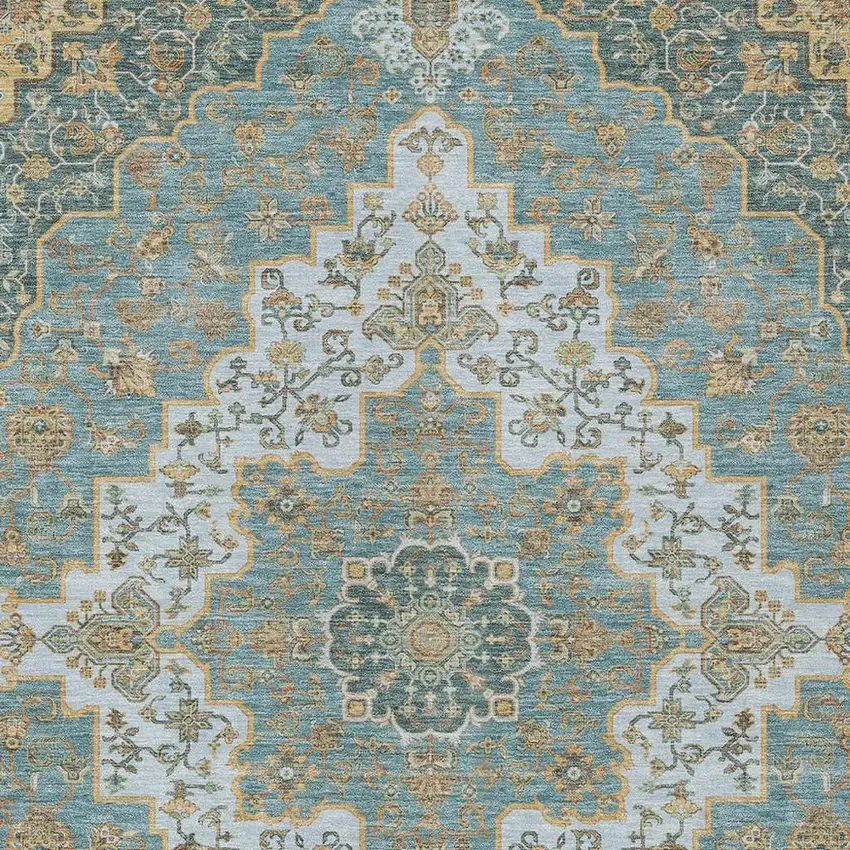 Teal Blue And Sky Blue Medallion Washable Indoor Outdoor Area Rug Photo 3
