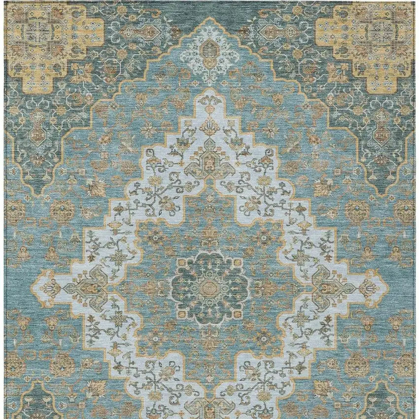 Teal Blue And Sky Blue Medallion Washable Indoor Outdoor Area Rug Photo 4