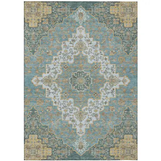 Teal Blue And Sky Blue Medallion Washable Indoor Outdoor Area Rug Photo 2