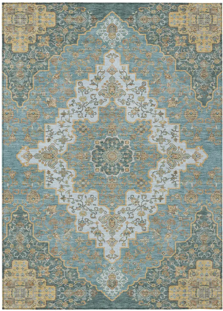 Teal Blue And Sky Blue Medallion Washable Indoor Outdoor Area Rug Photo 2