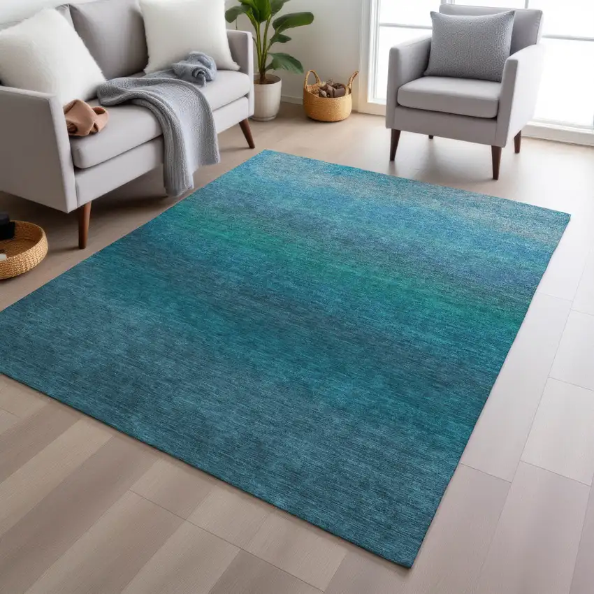 Teal Blue And Sky Blue Ombre Washable Indoor Outdoor Area Rug Photo 4