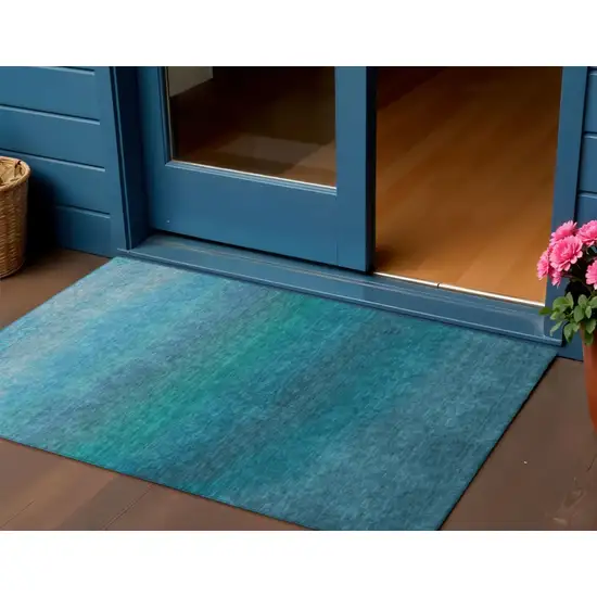 Teal Blue And Sky Blue Ombre Washable Indoor Outdoor Area Rug Photo 2