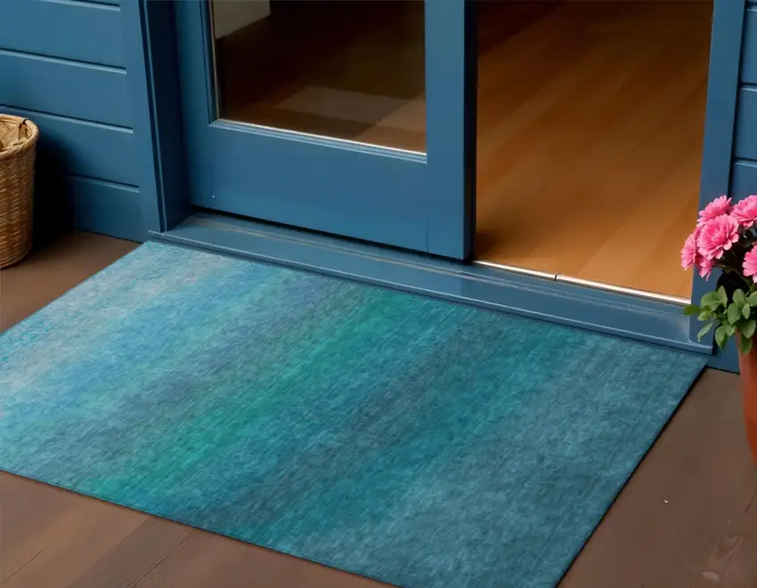 Teal Blue And Sky Blue Ombre Washable Indoor Outdoor Area Rug Photo 2