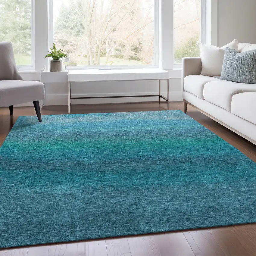 Teal Blue And Sky Blue Ombre Washable Indoor Outdoor Area Rug Photo 5