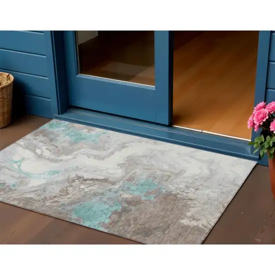 Teal Blue And Taupe Abstract Washable Indoor Outdoor Area Rug Photo 2