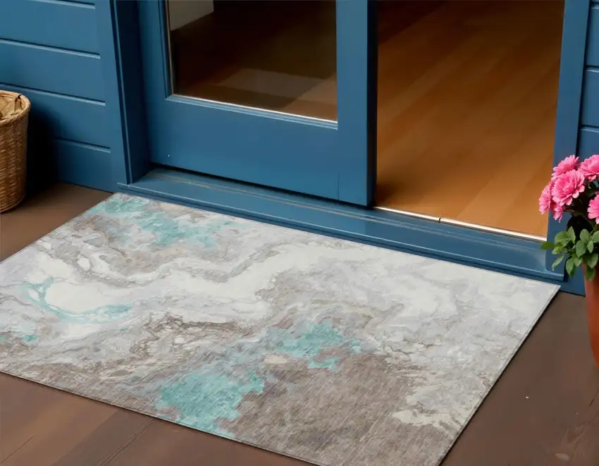 Teal Blue And Taupe Abstract Washable Indoor Outdoor Area Rug Photo 2