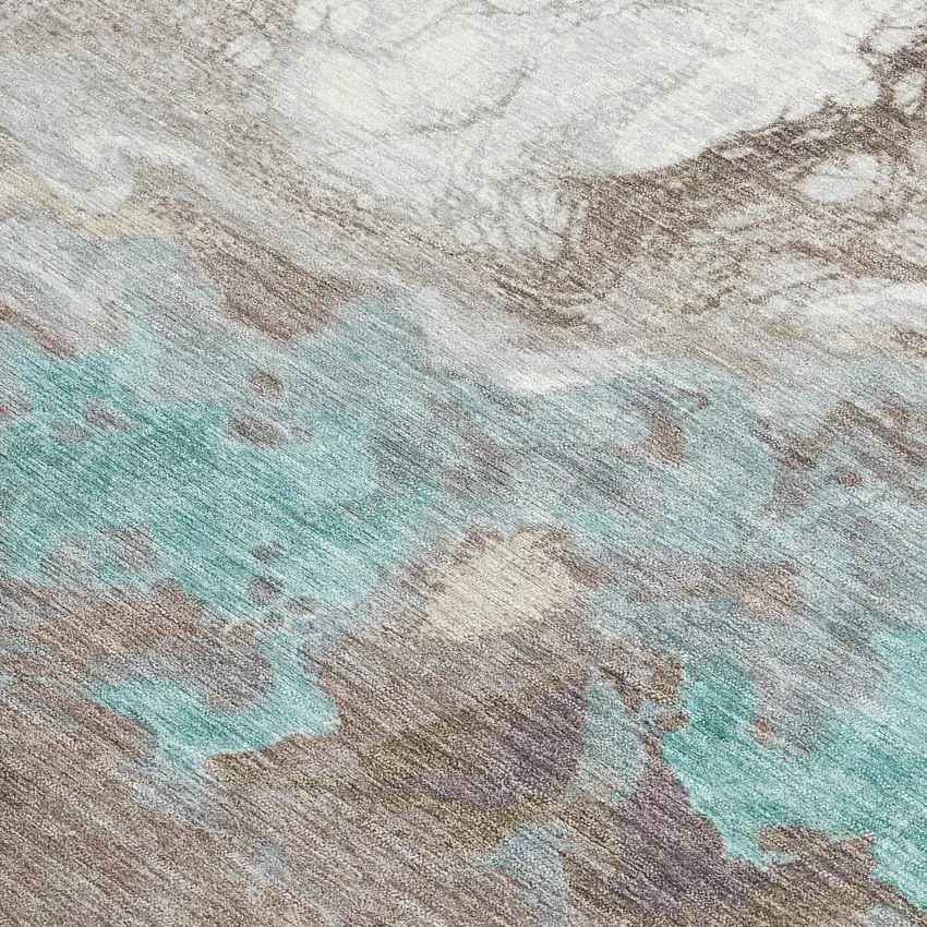 Teal Blue And Taupe Abstract Washable Indoor Outdoor Area Rug Photo 4