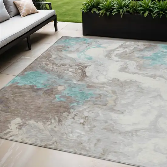 Teal Blue And Taupe Abstract Washable Indoor Outdoor Area Rug Photo 2