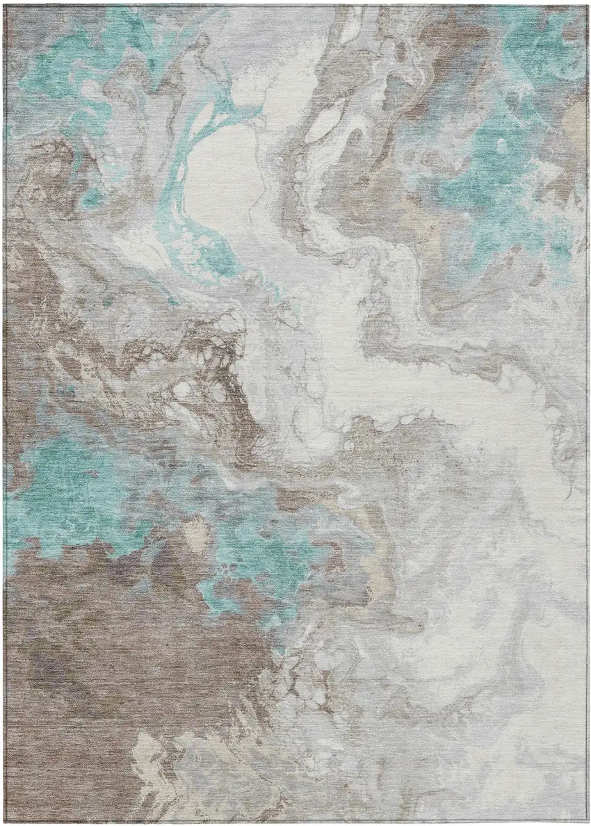 Teal Blue And Taupe Abstract Washable Indoor Outdoor Area Rug Photo 9