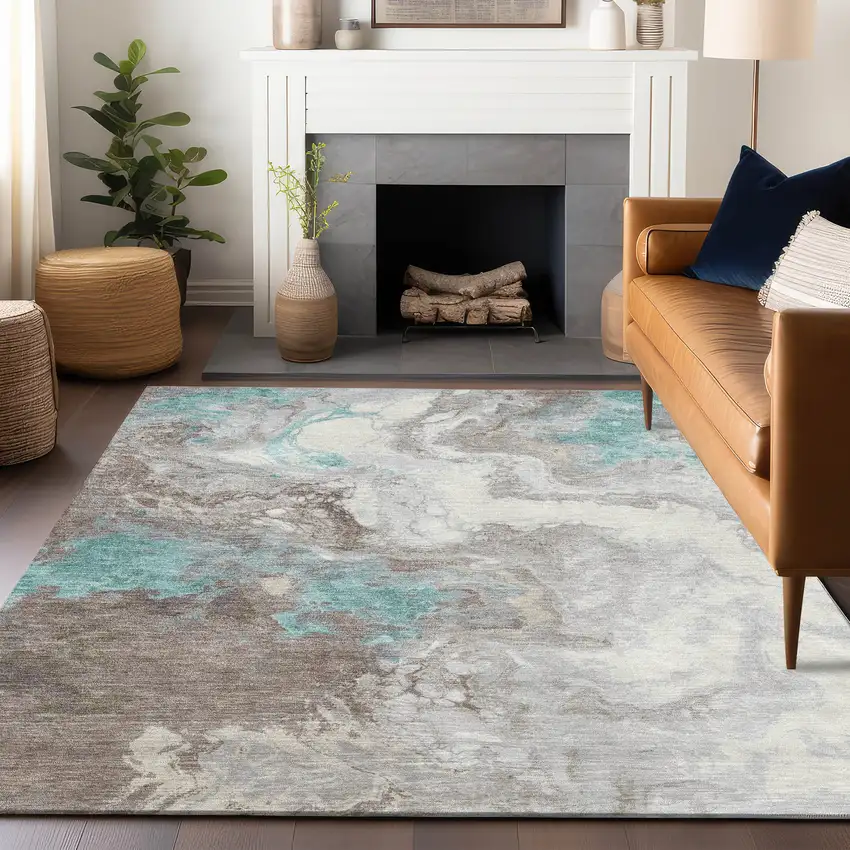 Teal Blue And Taupe Abstract Washable Indoor Outdoor Area Rug Photo 6
