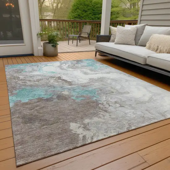 Teal Blue And Taupe Abstract Washable Indoor Outdoor Area Rug Photo 8