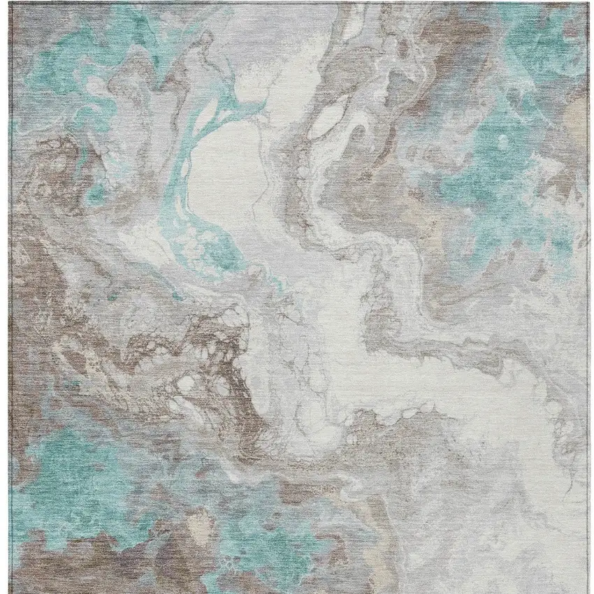 Teal Blue And Taupe Abstract Washable Indoor Outdoor Area Rug Photo 9