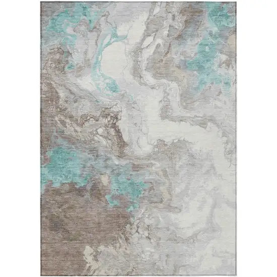 Teal Blue And Taupe Abstract Washable Indoor Outdoor Area Rug Photo 8