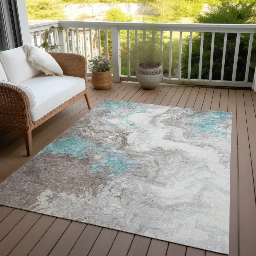 Teal Blue And Taupe Abstract Washable Indoor Outdoor Area Rug Photo 4