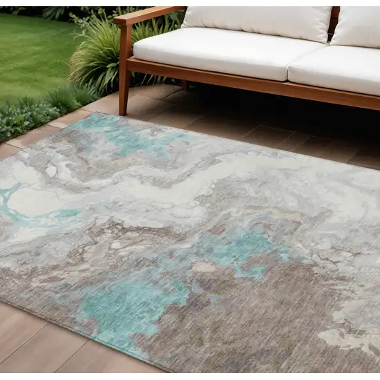 Teal Blue And Taupe Abstract Washable Indoor Outdoor Area Rug Photo 2
