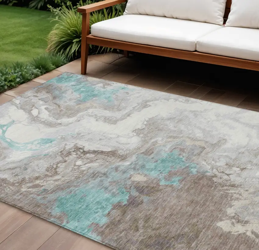 Teal Blue And Taupe Abstract Washable Indoor Outdoor Area Rug Photo 2