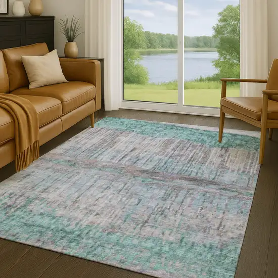 Teal Blue And Taupe Abstract Washable Indoor Outdoor Area Rug Photo 5