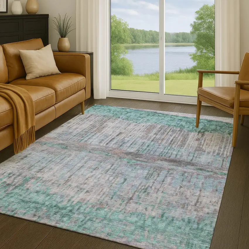 Teal Blue And Taupe Abstract Washable Indoor Outdoor Area Rug Photo 5