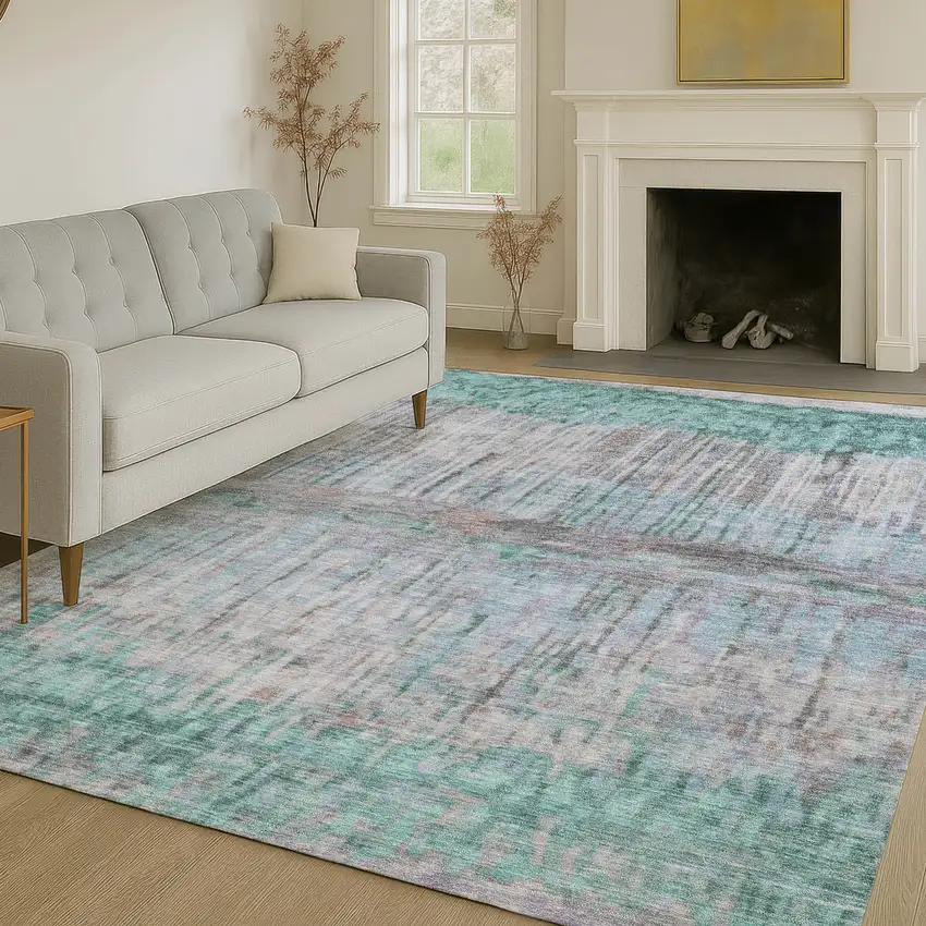 Teal Blue And Taupe Abstract Washable Indoor Outdoor Area Rug Photo 6