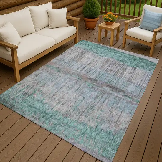 Teal Blue And Taupe Abstract Washable Indoor Outdoor Area Rug Photo 4
