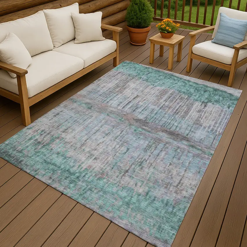 Teal Blue And Taupe Abstract Washable Indoor Outdoor Area Rug Photo 4
