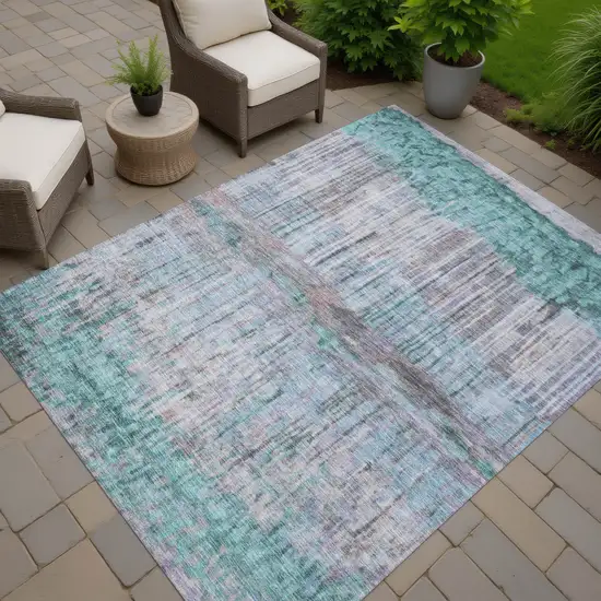 Teal Blue And Taupe Abstract Washable Indoor Outdoor Area Rug Photo 7