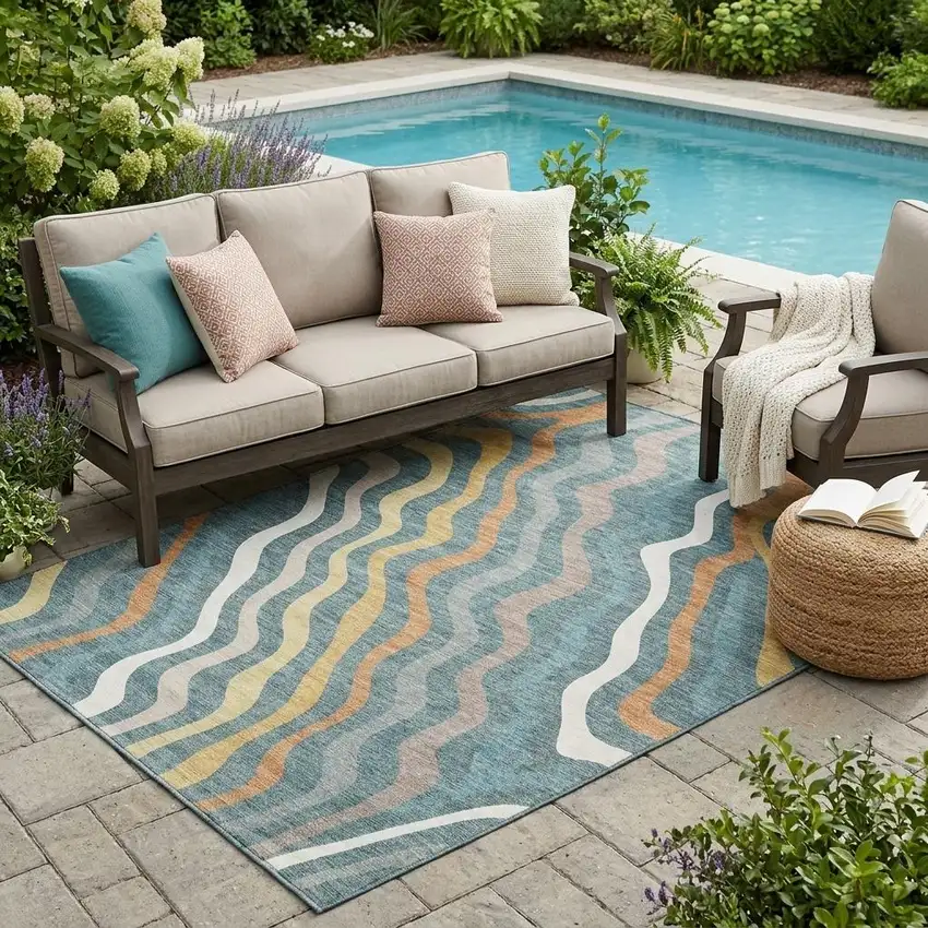 Teal Blue And Taupe Abstract Washable Indoor Outdoor Area Rug Photo 1