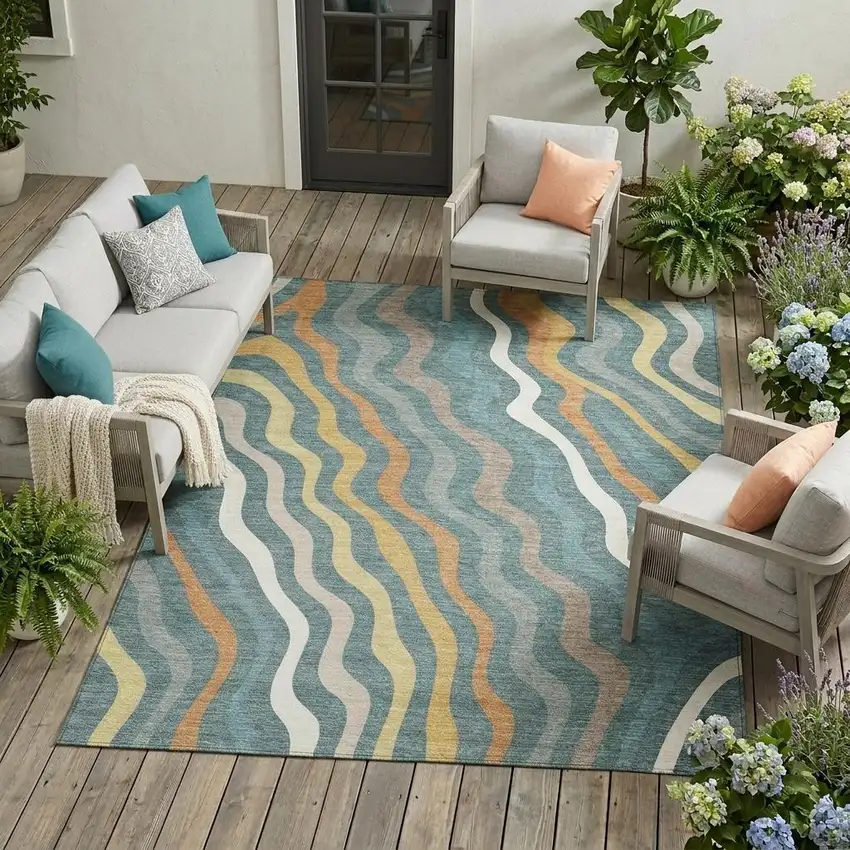 Teal Blue And Taupe Abstract Washable Indoor Outdoor Area Rug Photo 1