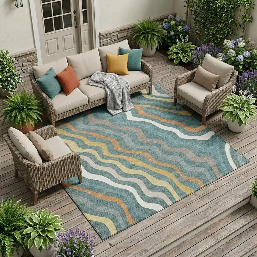 Teal Blue And Taupe Abstract Washable Indoor Outdoor Area Rug Photo 1