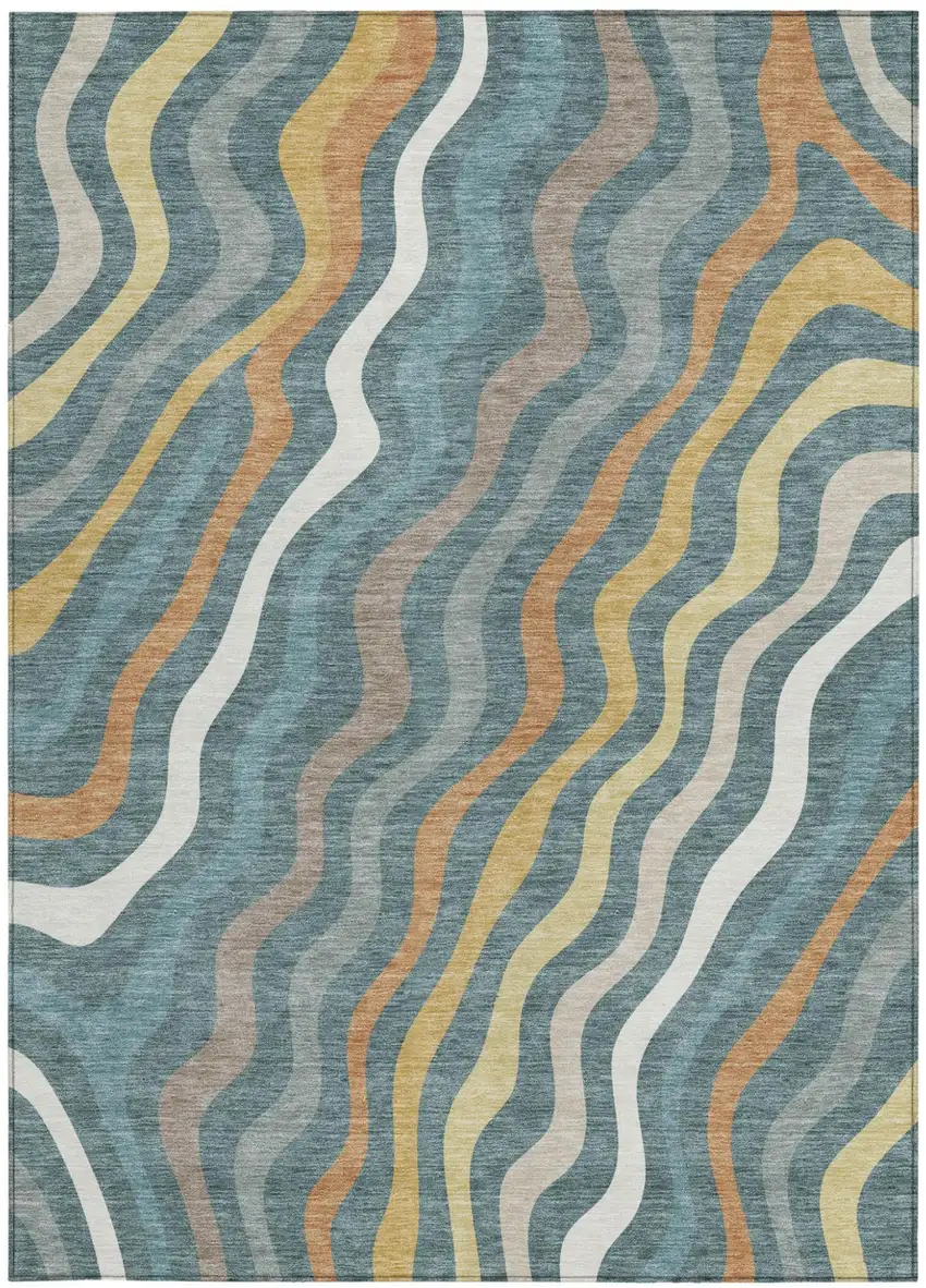 Teal Blue And Taupe Abstract Washable Indoor Outdoor Area Rug Photo 4