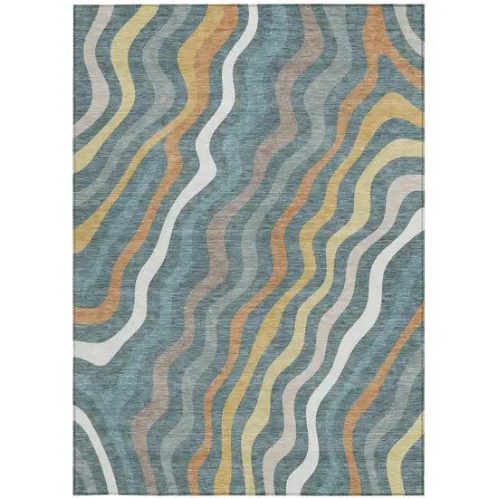 Teal Blue And Taupe Abstract Washable Indoor Outdoor Area Rug Photo 4