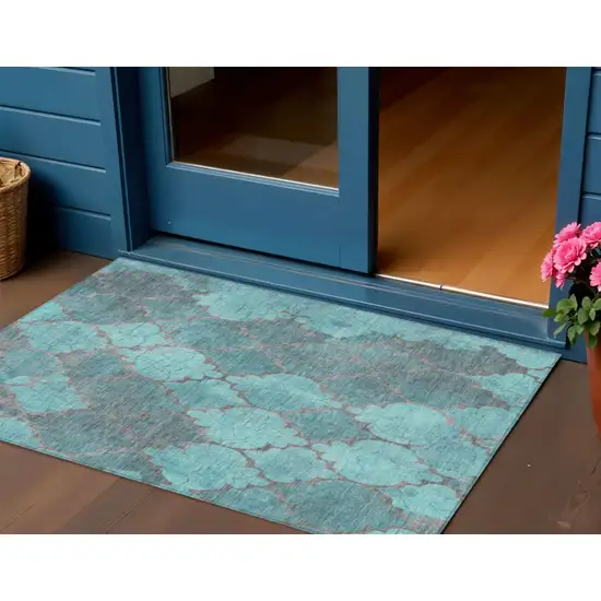 Teal Blue And Taupe Damask Washable Indoor Outdoor Area Rug Photo 2