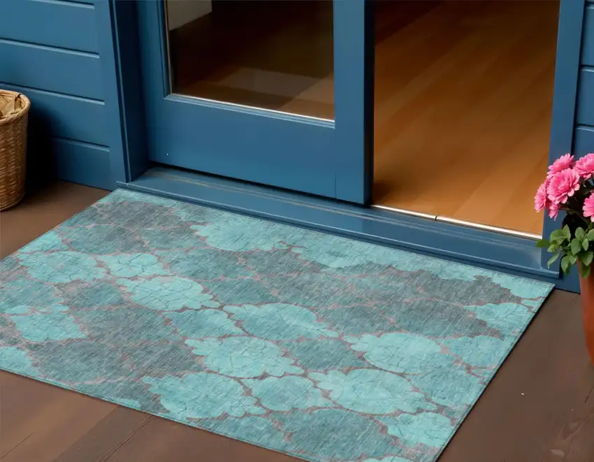 Teal Blue And Taupe Damask Washable Indoor Outdoor Area Rug Photo 2