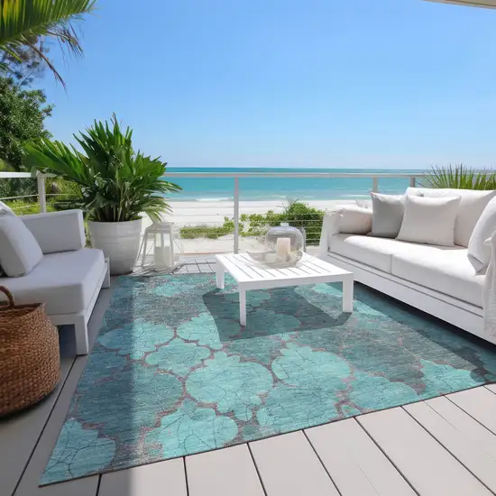 Teal Blue And Taupe Damask Washable Indoor Outdoor Area Rug Photo 8