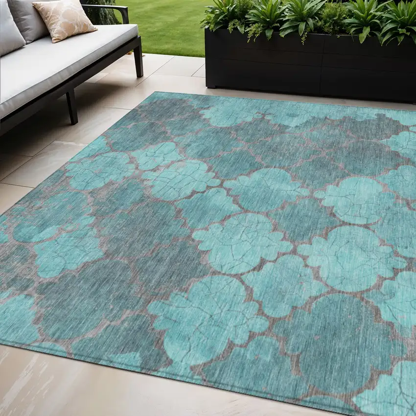 Teal Blue And Taupe Damask Washable Indoor Outdoor Area Rug Photo 2