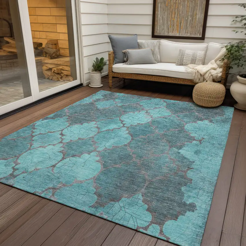 Teal Blue And Taupe Damask Washable Indoor Outdoor Area Rug Photo 5