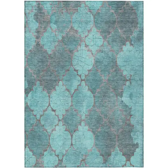 Teal Blue And Taupe Damask Washable Indoor Outdoor Area Rug Photo 1