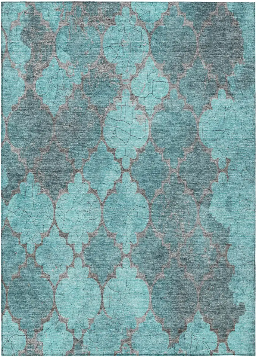 Teal Blue And Taupe Damask Washable Indoor Outdoor Area Rug Photo 1