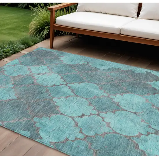 Teal Blue And Taupe Damask Washable Indoor Outdoor Area Rug Photo 2