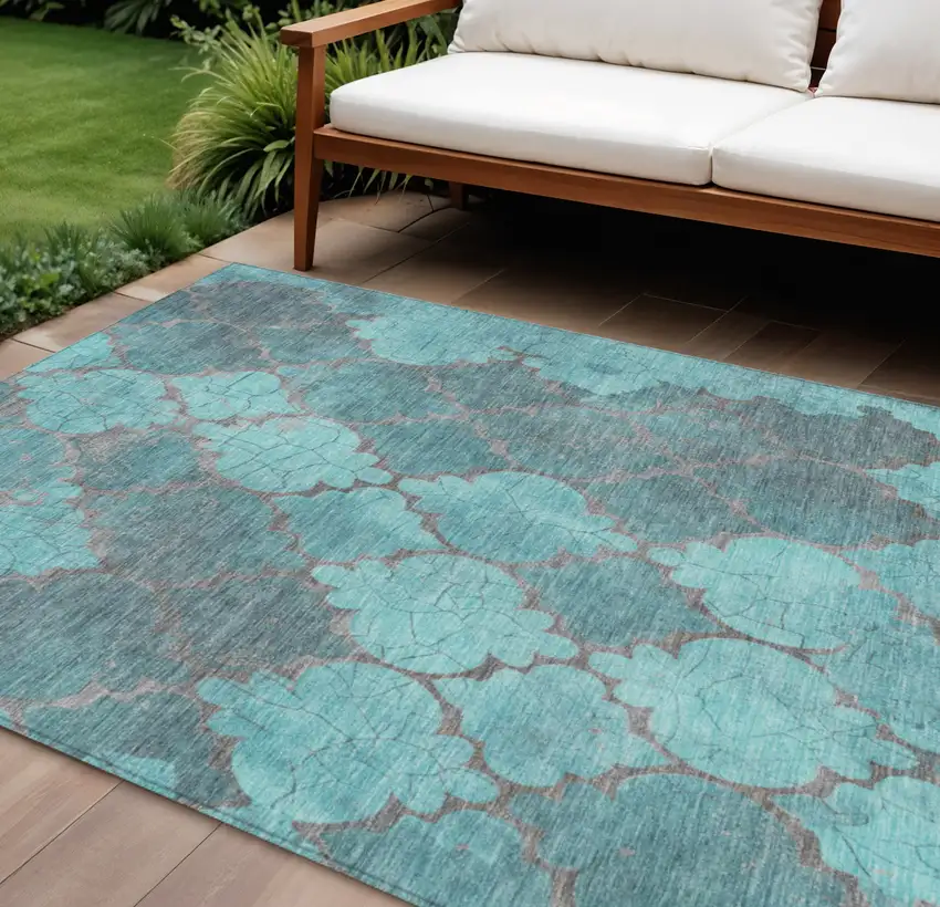 Teal Blue And Taupe Damask Washable Indoor Outdoor Area Rug Photo 2