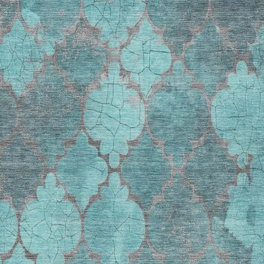 Teal Blue And Taupe Damask Washable Indoor Outdoor Area Rug Photo 4