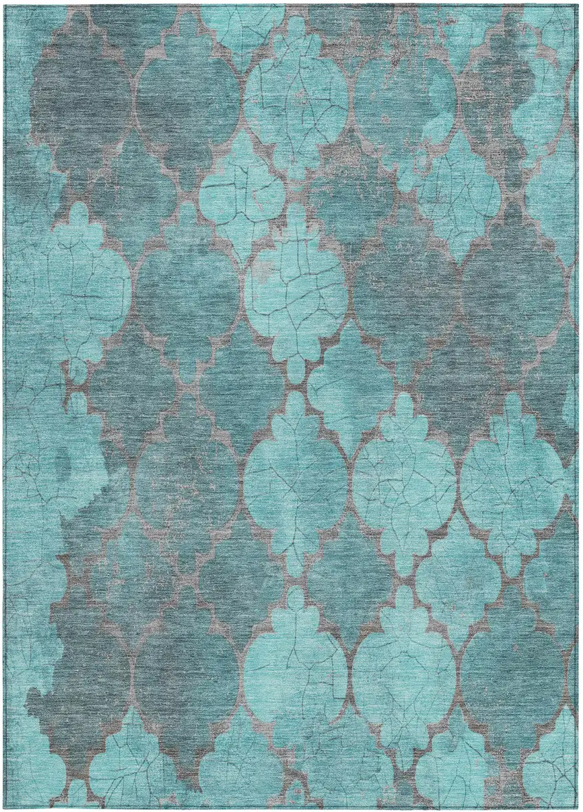 Teal Blue And Taupe Damask Washable Indoor Outdoor Area Rug Photo 3