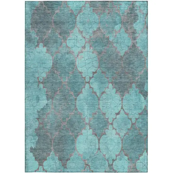 Teal Blue And Taupe Damask Washable Indoor Outdoor Area Rug Photo 4