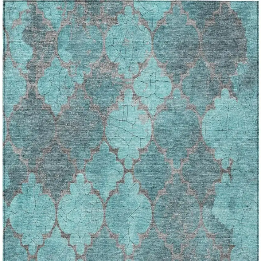 Teal Blue And Taupe Damask Washable Indoor Outdoor Area Rug Photo 3